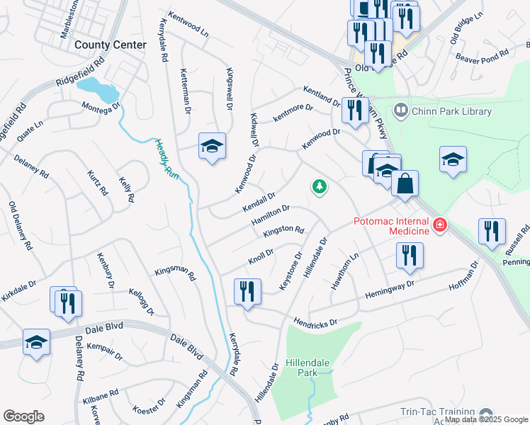 map of restaurants, bars, coffee shops, grocery stores, and more near 4510 Hamilton Drive in Woodbridge