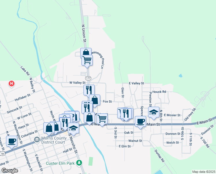 map of restaurants, bars, coffee shops, grocery stores, and more near 562 East Conn Street in Council Grove