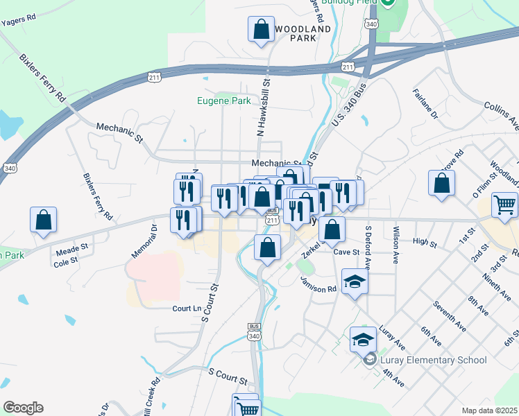map of restaurants, bars, coffee shops, grocery stores, and more near in Luray