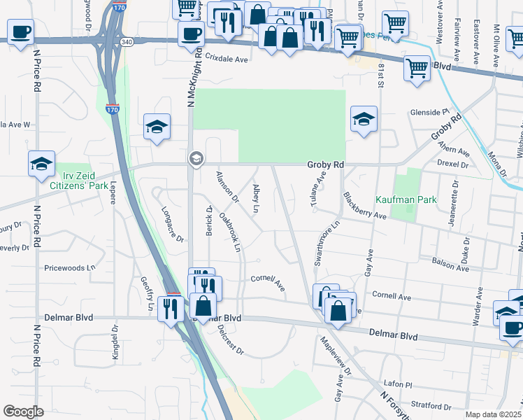 map of restaurants, bars, coffee shops, grocery stores, and more near 905 Dalkeith Lane in St. Louis