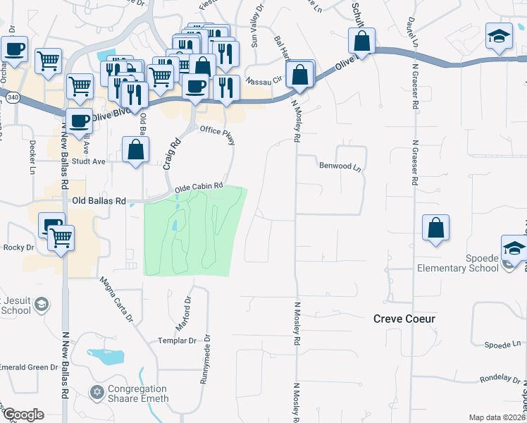 map of restaurants, bars, coffee shops, grocery stores, and more near 11317 Fairways Drive in Creve Coeur