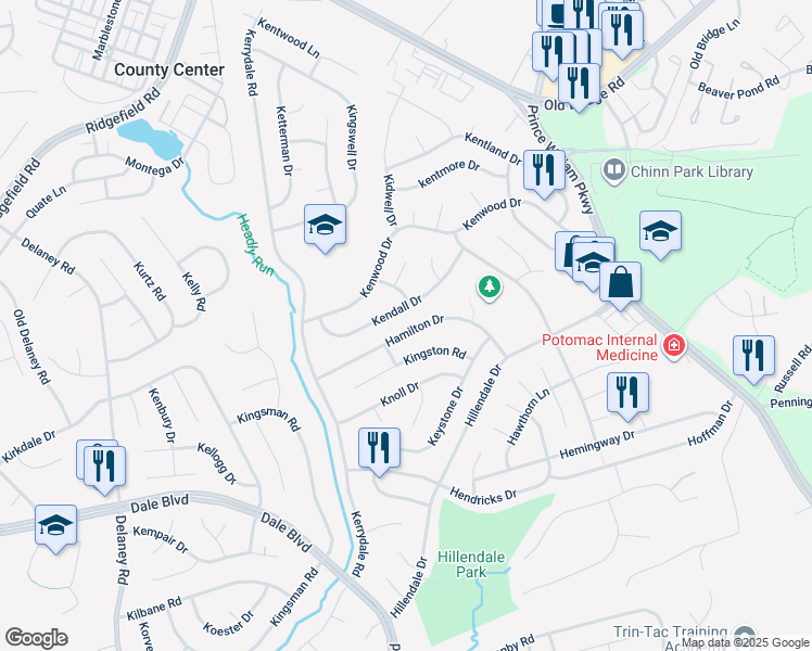 map of restaurants, bars, coffee shops, grocery stores, and more near 4510 Hamilton Drive in Woodbridge