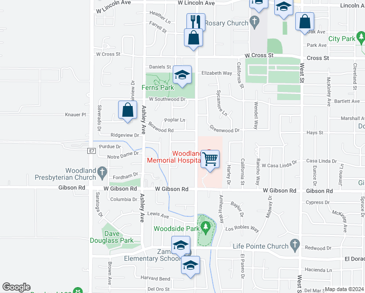 map of restaurants, bars, coffee shops, grocery stores, and more near 1212 Cottonwood Street in Woodland