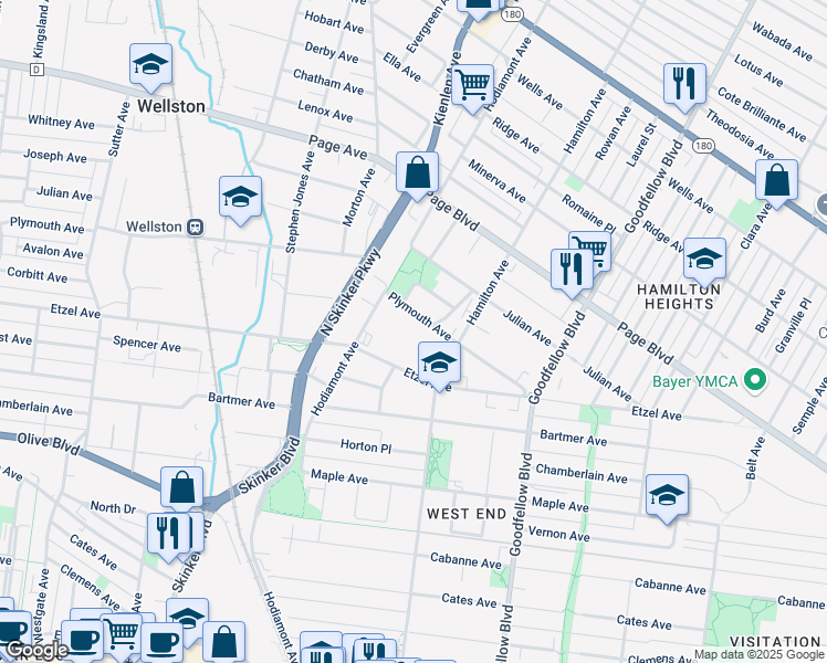map of restaurants, bars, coffee shops, grocery stores, and more near 5916 Plymouth Avenue in St. Louis