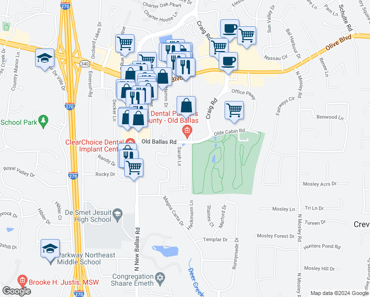 map of restaurants, bars, coffee shops, grocery stores, and more near 573 Sarah Lane in Creve Coeur