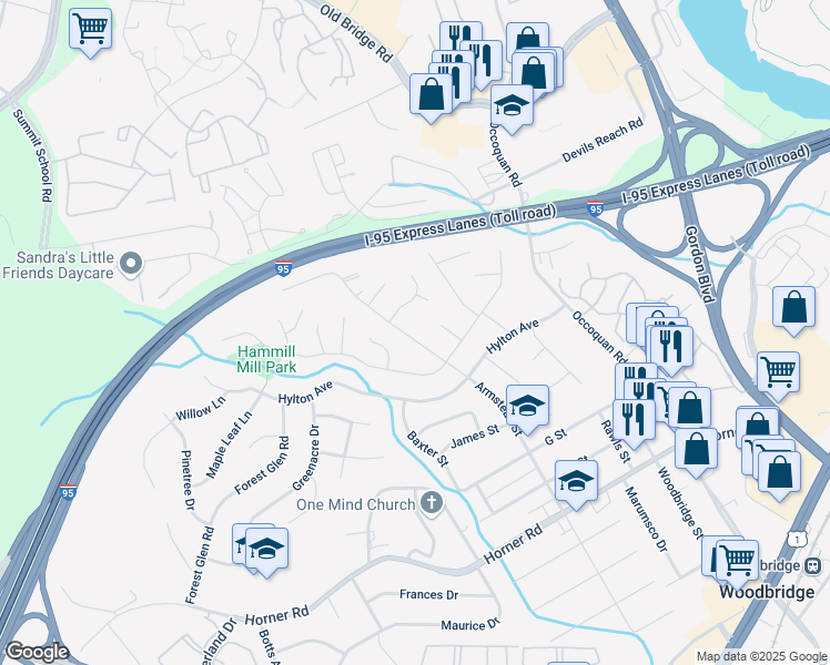 map of restaurants, bars, coffee shops, grocery stores, and more near 13221 Armstead Street in Woodbridge