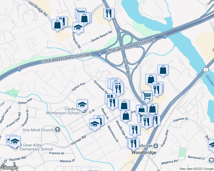 map of restaurants, bars, coffee shops, grocery stores, and more near 13143 Rockridge Lane in Woodbridge
