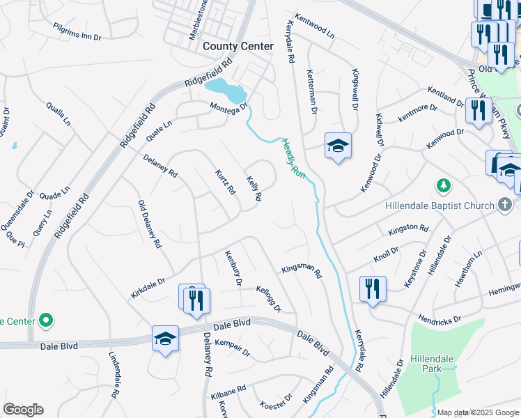 map of restaurants, bars, coffee shops, grocery stores, and more near 4799 Kelly Rd in Woodbridge