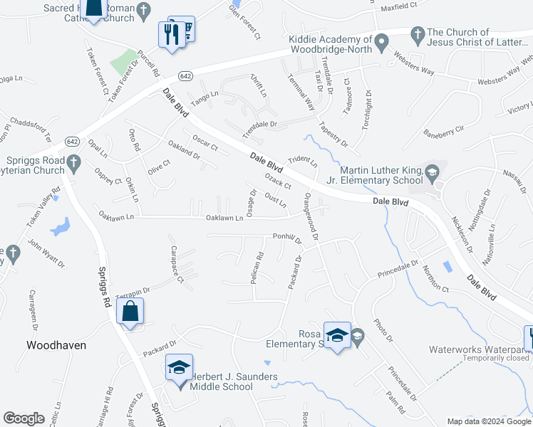 map of restaurants, bars, coffee shops, grocery stores, and more near 6086 Oaklawn Lane in Woodbridge