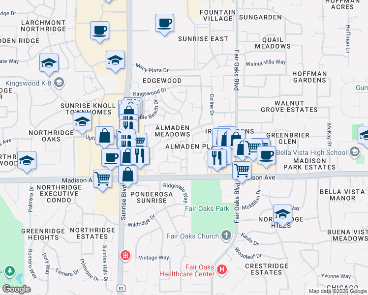 map of restaurants, bars, coffee shops, grocery stores, and more near 5516 Rubion Circle in Citrus Heights