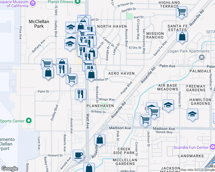 map of restaurants, bars, coffee shops, grocery stores, and more near 5450 Georgia Drive in North Highlands
