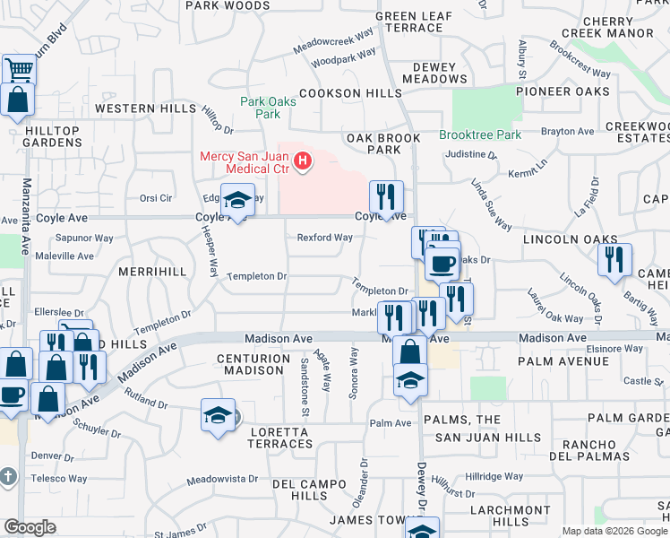 map of restaurants, bars, coffee shops, grocery stores, and more near 6455 Templeton Drive in Carmichael