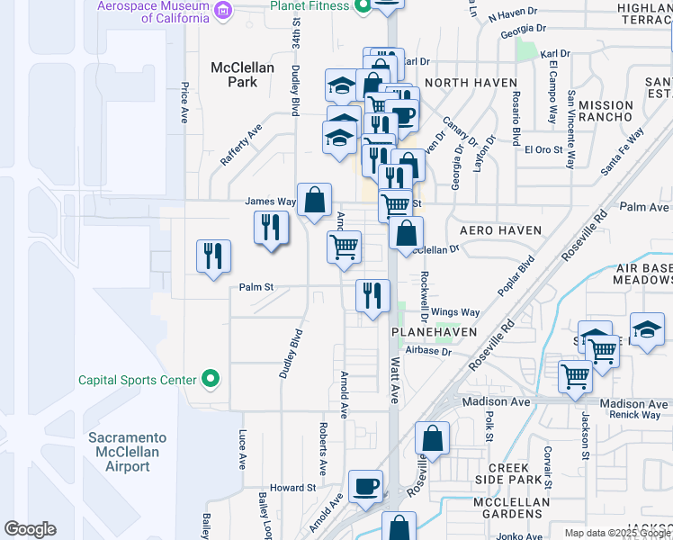map of restaurants, bars, coffee shops, grocery stores, and more near 3216 Palm Street in McClellan Park