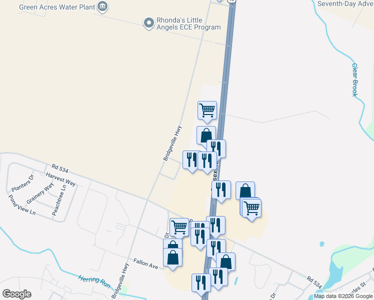 map of restaurants, bars, coffee shops, grocery stores, and more near 22820 Sussex Highway in Seaford