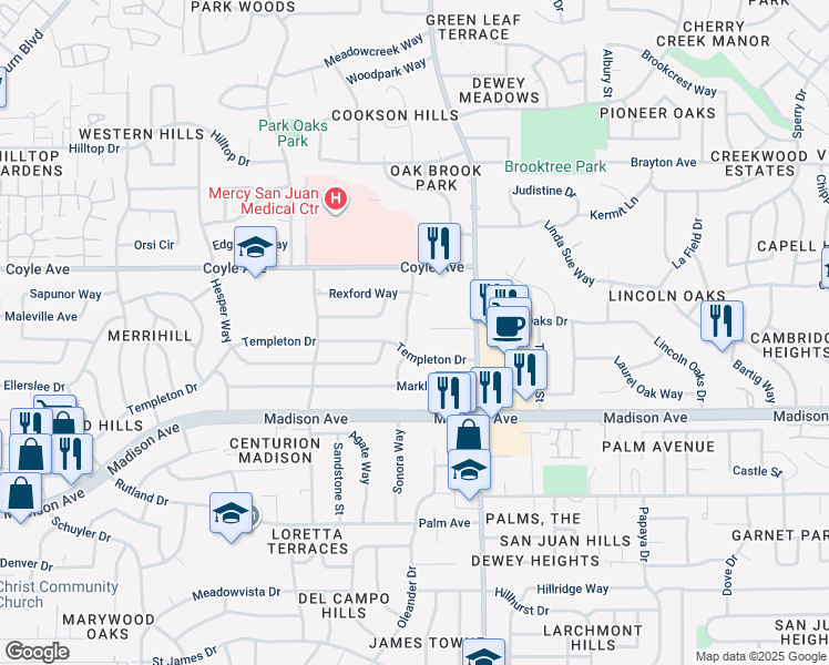 map of restaurants, bars, coffee shops, grocery stores, and more near 6607 Templeton Drive in Carmichael