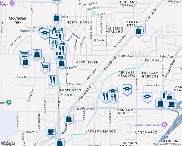 map of restaurants, bars, coffee shops, grocery stores, and more near 5416 Poplar Boulevard in North Highlands