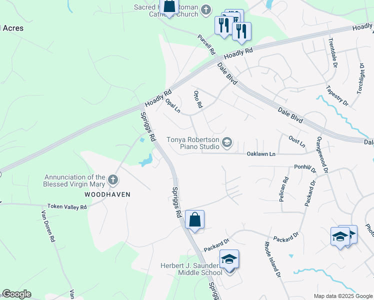 map of restaurants, bars, coffee shops, grocery stores, and more near 6230 Oaklawn Lane in Woodbridge