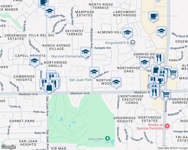 map of restaurants, bars, coffee shops, grocery stores, and more near 5417 Celestial Way in Citrus Heights