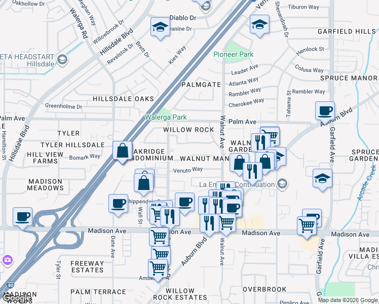 map of restaurants, bars, coffee shops, grocery stores, and more near 4924 Springfield Way in Sacramento