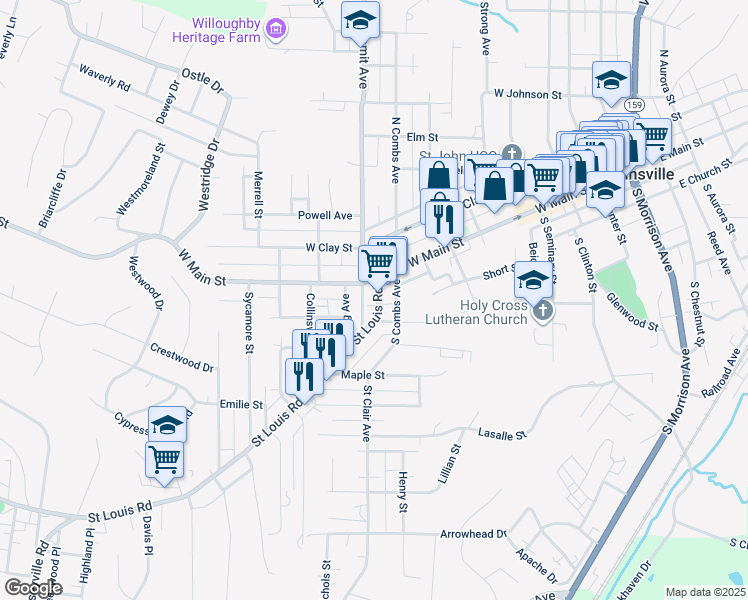 map of restaurants, bars, coffee shops, grocery stores, and more near 128 Saint Louis Road in Collinsville