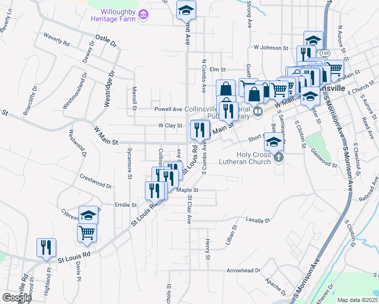 map of restaurants, bars, coffee shops, grocery stores, and more near 128 Saint Louis Road in Collinsville