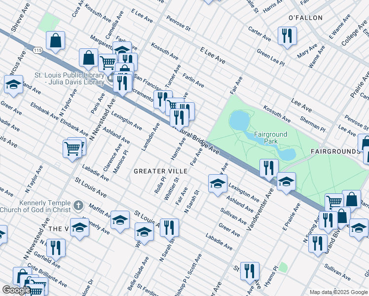 map of restaurants, bars, coffee shops, grocery stores, and more near 3520 Harris Avenue in St. Louis