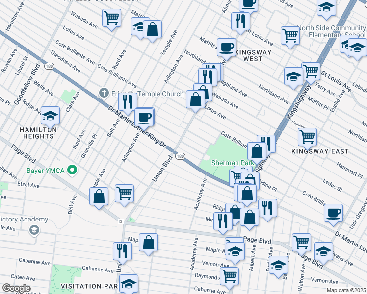 map of restaurants, bars, coffee shops, grocery stores, and more near 5170A Doctor Martin Luther King Drive in St. Louis