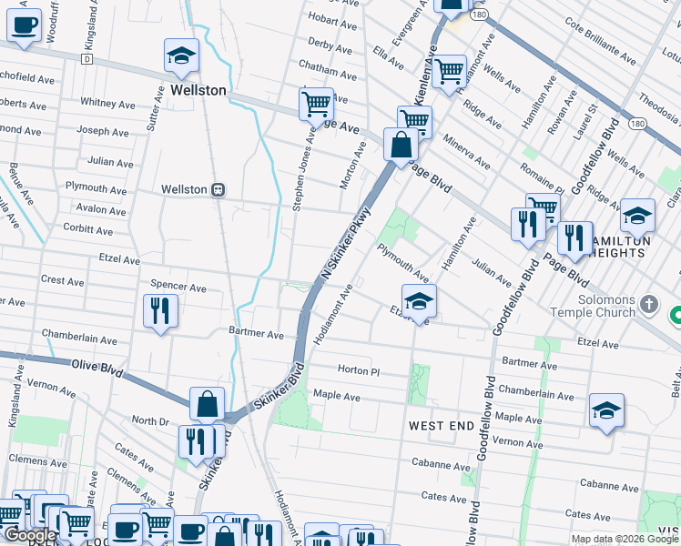 map of restaurants, bars, coffee shops, grocery stores, and more near 1141 Hodiamont Avenue in St. Louis