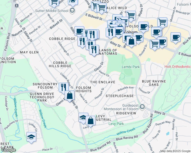 map of restaurants, bars, coffee shops, grocery stores, and more near 559 Given Street in Folsom