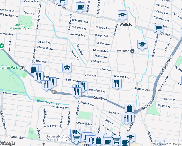map of restaurants, bars, coffee shops, grocery stores, and more near 6626 Crest Avenue in University City