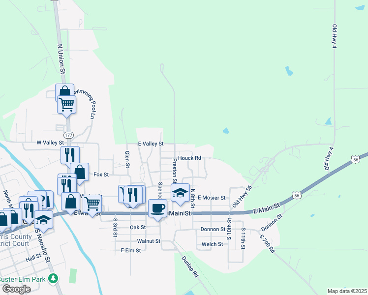 map of restaurants, bars, coffee shops, grocery stores, and more near 718 Houck Road in Council Grove