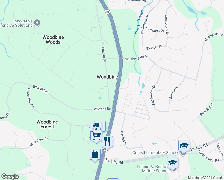 map of restaurants, bars, coffee shops, grocery stores, and more near 13225 Canova Drive in Manassas