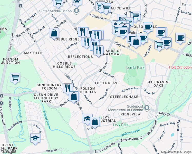 map of restaurants, bars, coffee shops, grocery stores, and more near 712 Moore Way in Folsom