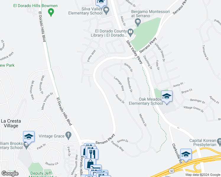 map of restaurants, bars, coffee shops, grocery stores, and more near 1200 Souza Drive in El Dorado Hills