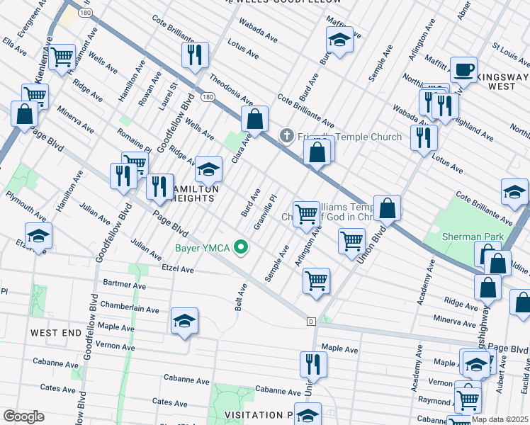 map of restaurants, bars, coffee shops, grocery stores, and more near Granville Place in St. Louis