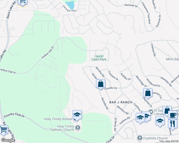map of restaurants, bars, coffee shops, grocery stores, and more near 3372 Covello Circle in Cameron Park