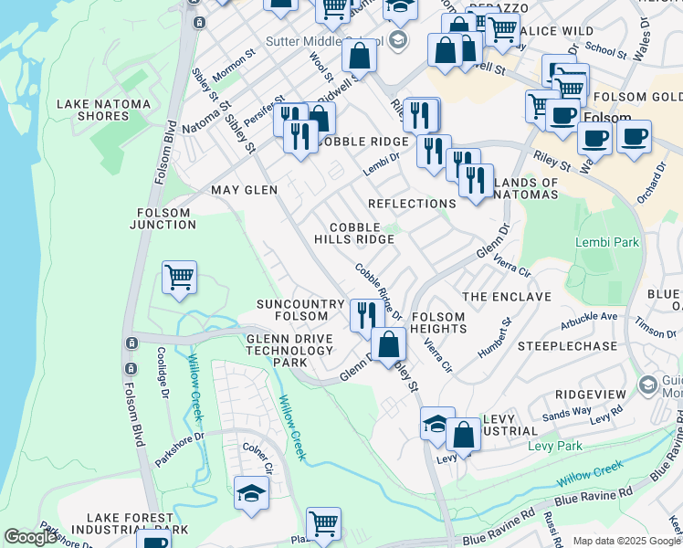 map of restaurants, bars, coffee shops, grocery stores, and more near 740 Diamond Glen Circle in Folsom