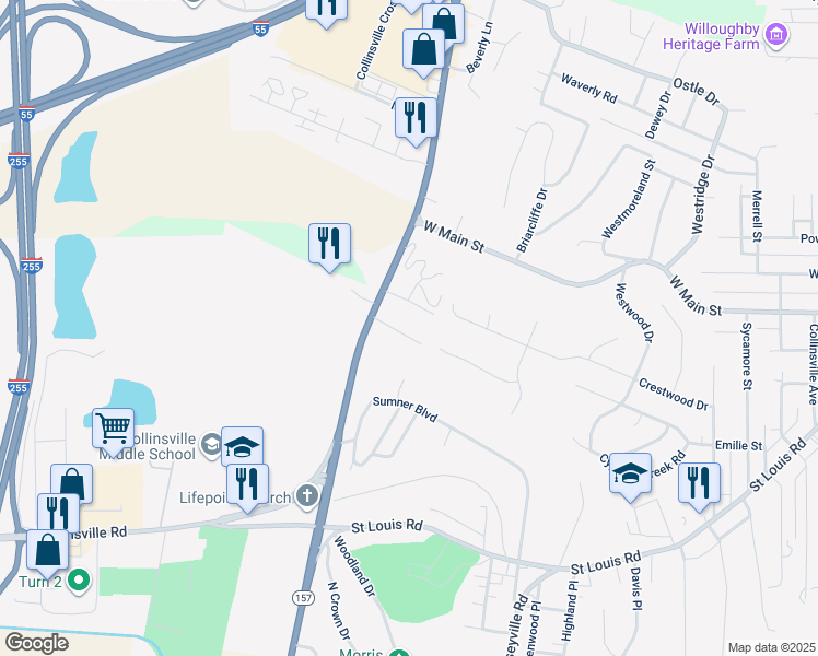 map of restaurants, bars, coffee shops, grocery stores, and more near 1620 Red Bud Drive in Collinsville