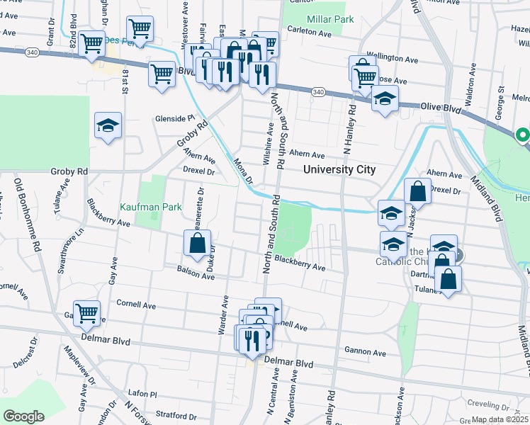 map of restaurants, bars, coffee shops, grocery stores, and more near 7715 Burr Oak Lane in University City