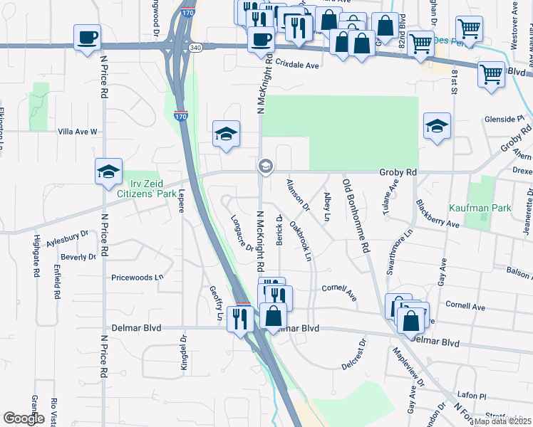 map of restaurants, bars, coffee shops, grocery stores, and more near 850 McKnight Road in St. Louis
