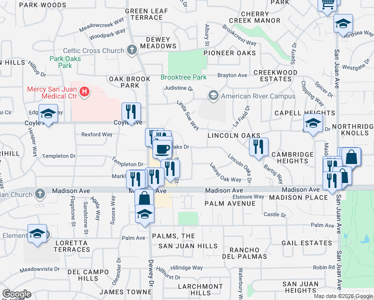 map of restaurants, bars, coffee shops, grocery stores, and more near 5453 Burr Oak Way in Fair Oaks