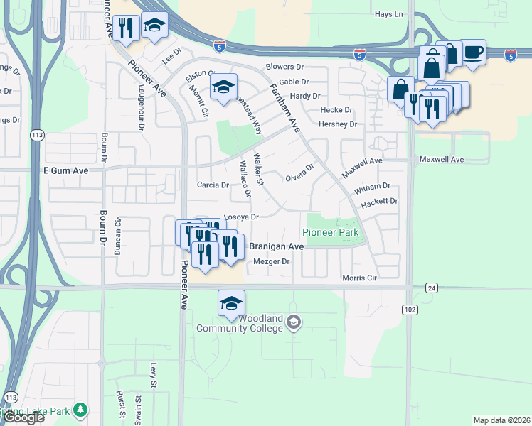 map of restaurants, bars, coffee shops, grocery stores, and more near 18 Hiller Court in Woodland