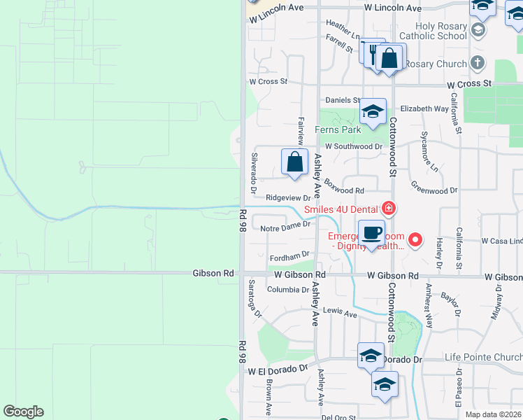 map of restaurants, bars, coffee shops, grocery stores, and more near 910 Notre Dame Drive in Woodland