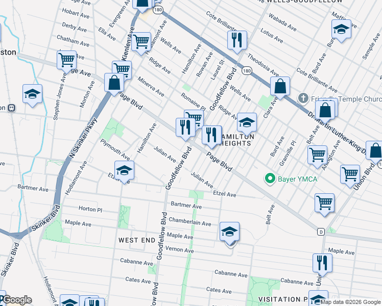 map of restaurants, bars, coffee shops, grocery stores, and more near 5741 Julian Avenue in St. Louis