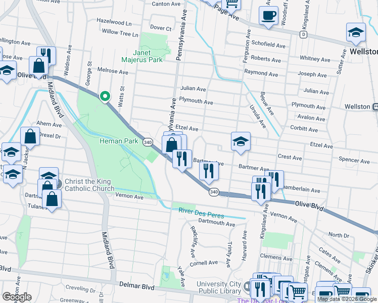 map of restaurants, bars, coffee shops, grocery stores, and more near 6953 Olive Boulevard in University City