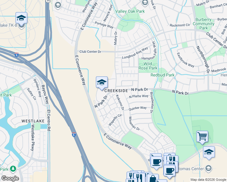 map of restaurants, bars, coffee shops, grocery stores, and more near 4416 North Park Drive in Sacramento