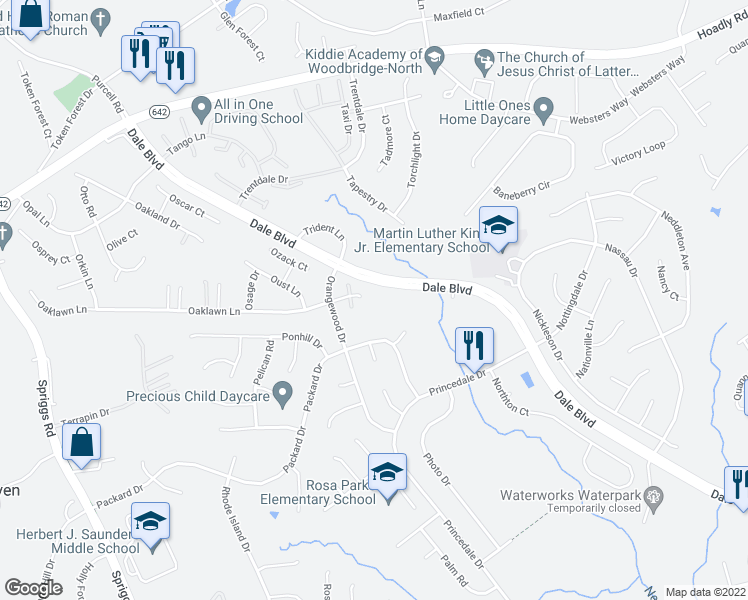 map of restaurants, bars, coffee shops, grocery stores, and more near 6017 Oaklawn Lane in Woodbridge