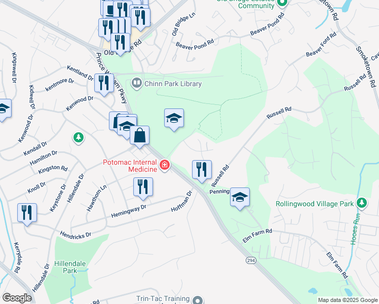map of restaurants, bars, coffee shops, grocery stores, and more near 3941 Leaf Lawn Ln in Woodbridge