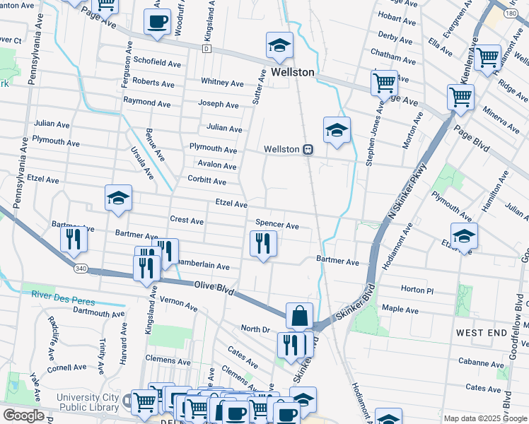 map of restaurants, bars, coffee shops, grocery stores, and more near 6442 Spencer Avenue in St. Louis
