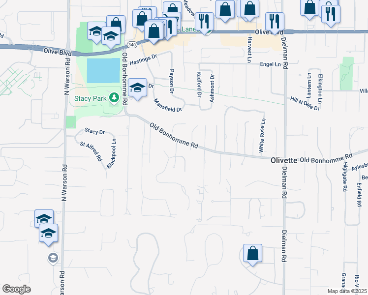 map of restaurants, bars, coffee shops, grocery stores, and more near 3 Ridgegate Drive in Olivette